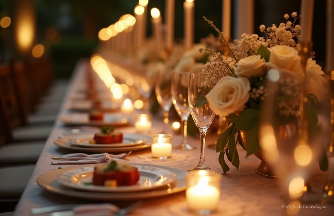 Een elegant gedekte bruiloftstafel met witte tafellinnen, delicate bloemstukken en kaarslicht, met een meer gangen diner dat geserveerd wordt. Focus op texturen en warme verlichting.
