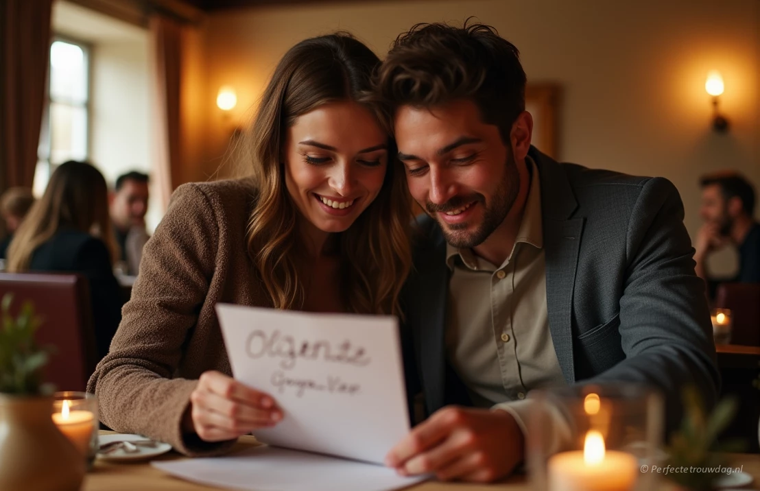 Een koppel zit dicht bij elkaar en bekijkt aandachtig een handgeschreven gastenlijst in een warme en gezellige omgeving.