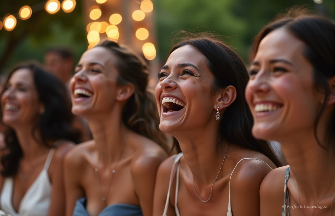 Een diverse groep mensen lacht en geniet van een bruiloftsfeest in een buitenomgeving met bokeh-lampjes op de achtergrond.