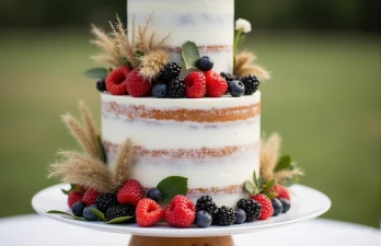 Een bruidstaart met vers fruit zoals frambozen en bramen en daarbij wat droogbloemen.