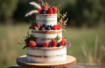 Een bruidstaart met drie lagen met rood fruit en verse bloemen voor een speels effect.