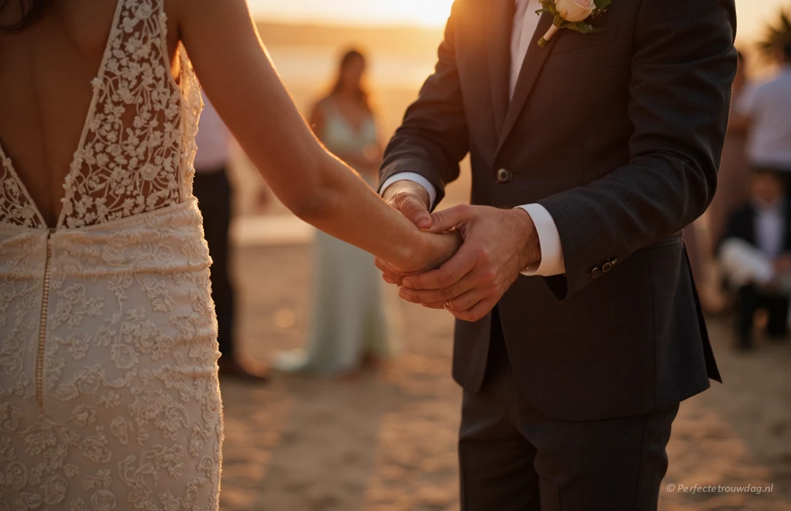 Een close-up van verstrengelde handen tijdens een intieme slowdance.