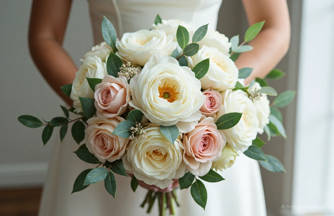 Een weelderig watervalboeket met witte pioenrozen, roze rozen en eucalyptus, gefotografeerd in zacht licht.