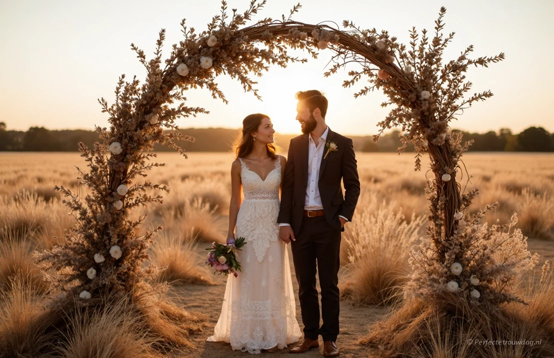 Een bohemian trouwfoto van een bruidspaar in een open veld met een prachtige boog van droogbloemen erbij.