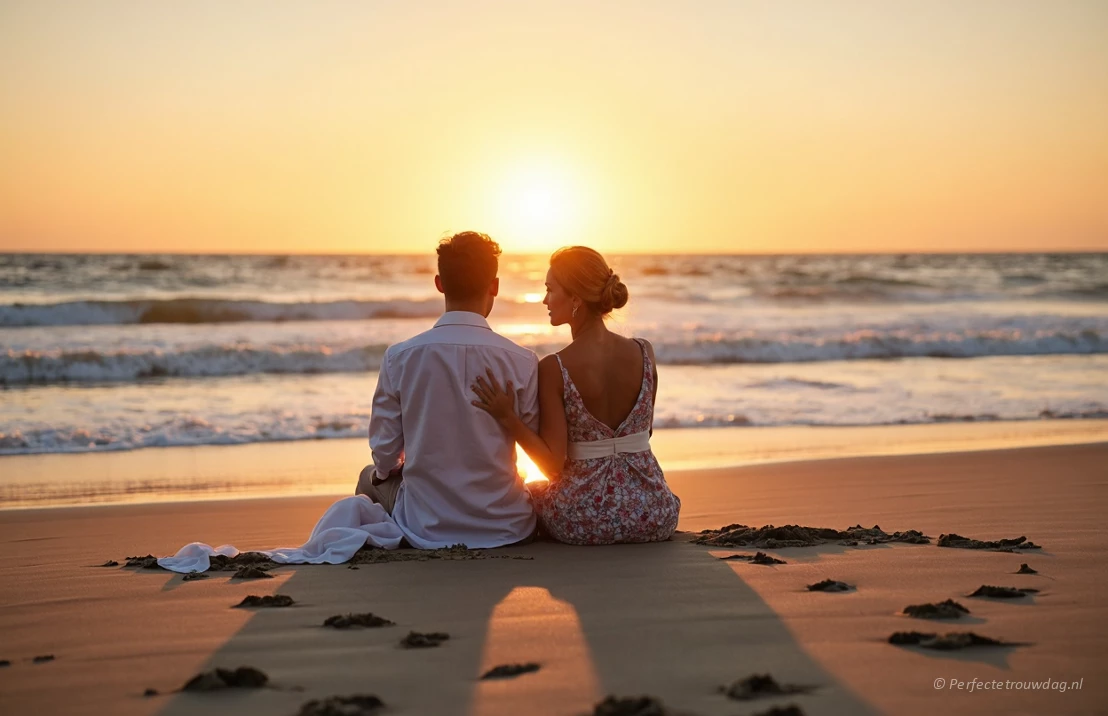 Stel kijkt zittend op het zand en romantisch naar de ondergaande zon aan het strand