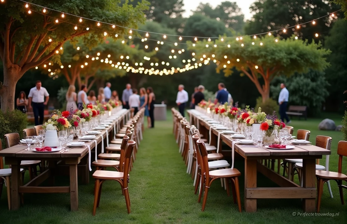 Een bruiloft in een tuin met twee lange tafels waarop de gasten aan tafel gaan voor het diner.