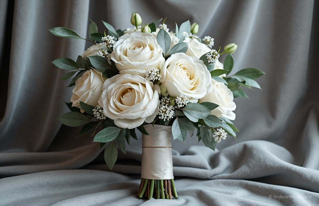 Een klassiek bruidsboeket met grote witte rozen en gipskruid
