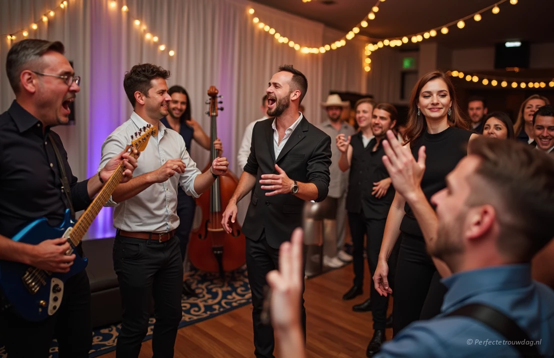 Een dynamische scène van een band die optreedt op een receptie, met energieke muzikanten en dansende gasten.