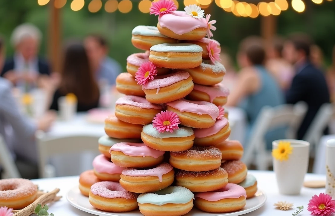 Een gestapelde bruidstaart van verschillende soorten donuts, ideaal voor een bruiloft waar ook veel kinderen te gast zijn en bovendien geeft het een heel leuk speels effect.