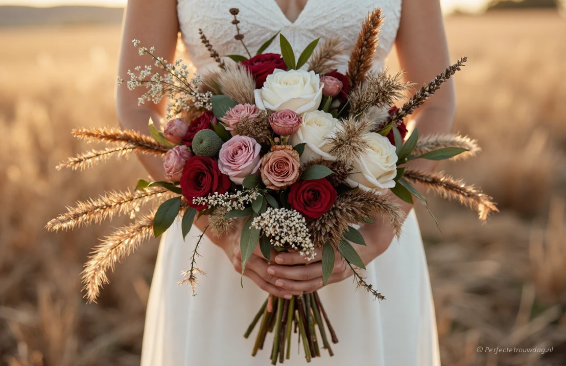 Een bruid met een bohemian stijl bruidsboeket met daarbij ook veel droogbloemen en veldbloemen voor een speels effect.