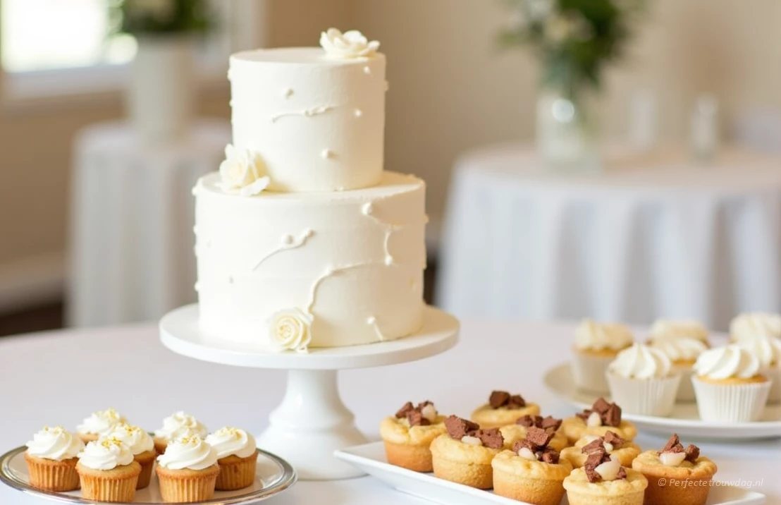 Romantische bruidstaart in een volledig witte kleur met erom heen kleine gebakjes en cakejes in hetzelfde thema.