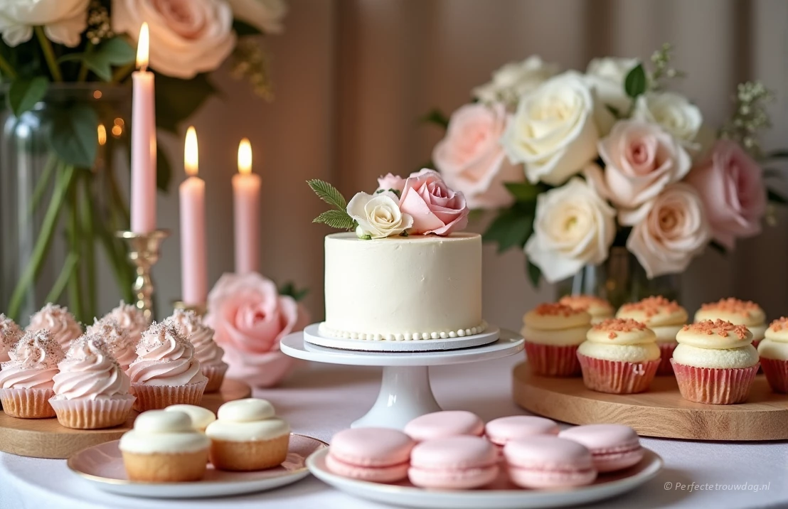 Een uitgebreid taarten buffet met cupcakes en zoete traktaties en in het midden een bruidstaart om aan te snijden.