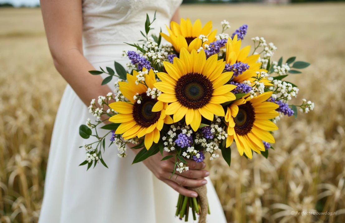 Een bruidsboeket met grote zonnebloemen en paarse lavendel voor een kleurrijk effect.
