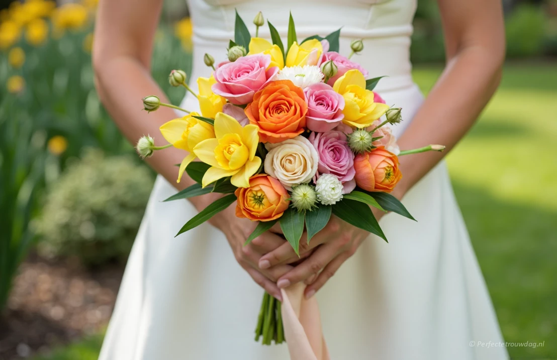 Een kleurrijk bruidsboeket met bloemen met felle kleuren zoals tulpen, ranonkels en rozen.
