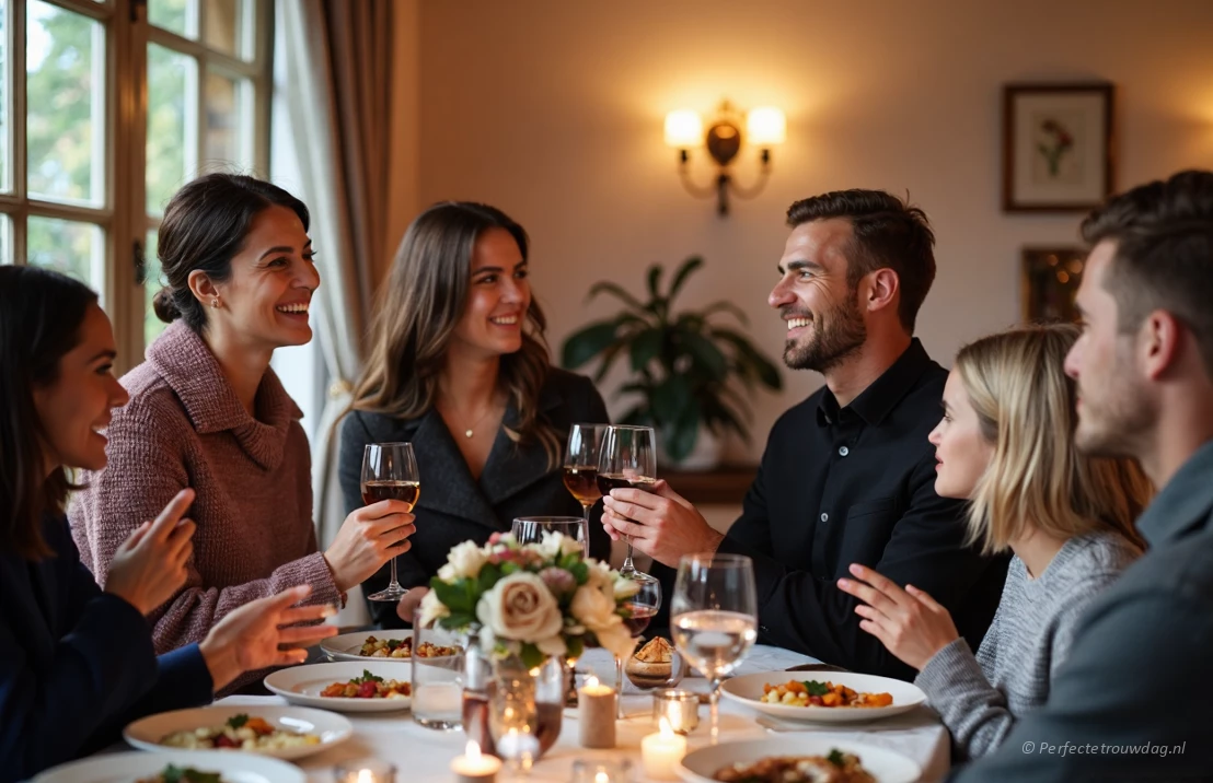 Een kleine binnen receptie van een bruiloft waar groepjes mensen rondom tafels staan en proosten op het bruidspaar.