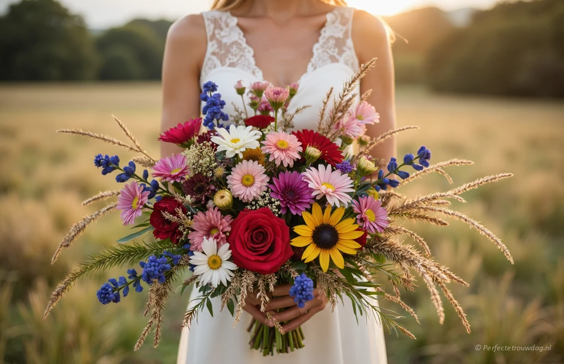 Een kleurrijk boeket met wilde bloemen en droogbloemen, op een zonnige dag.