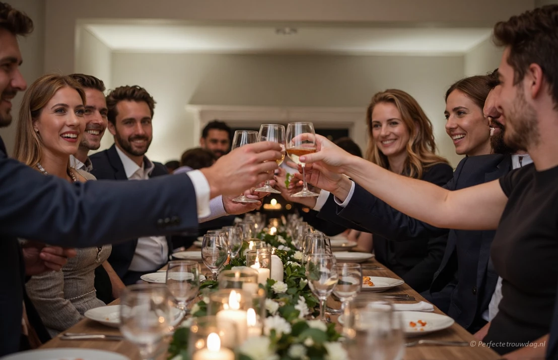 Een bruiloftsreceptie waarbij geproost wordt door een groepje gasten op het bruidspaar.