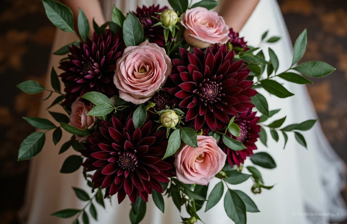 Een dramatisch boeket met bordeaux rode dahlia's, roze rozen en groen, gefotografeerd van bovenaf.