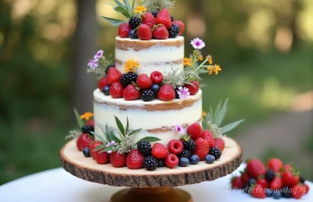 Een stapeltaart met vers fruit langs de randen en wat vers geplukte bloemen.