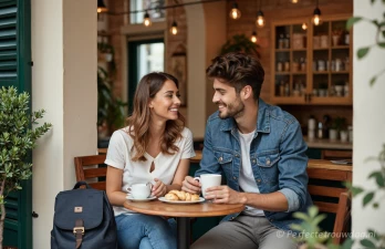 Een stel drinkt een kopje koffie in een lokaal cafeetje aan het begin van hun huwelijksreis