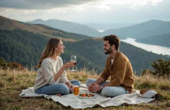 Een stel is aan het picknicken op een berg als low budget activiteit tijdens huwelijksreis.