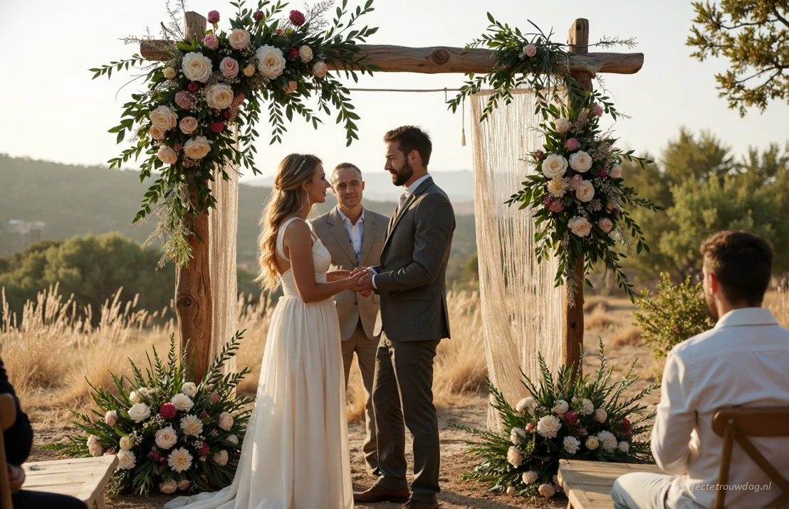 Een bruidspaar staat bij een boog versierd met heel veel bloemen tijdens de ceremonie.