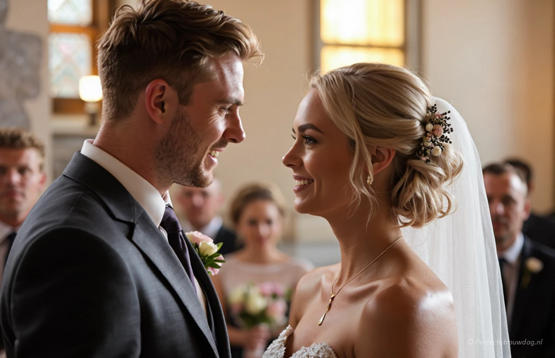 Een koppel dat tijdens een huwelijksceremonie liefdevolle blikken uitwisselt, zachte belichting.