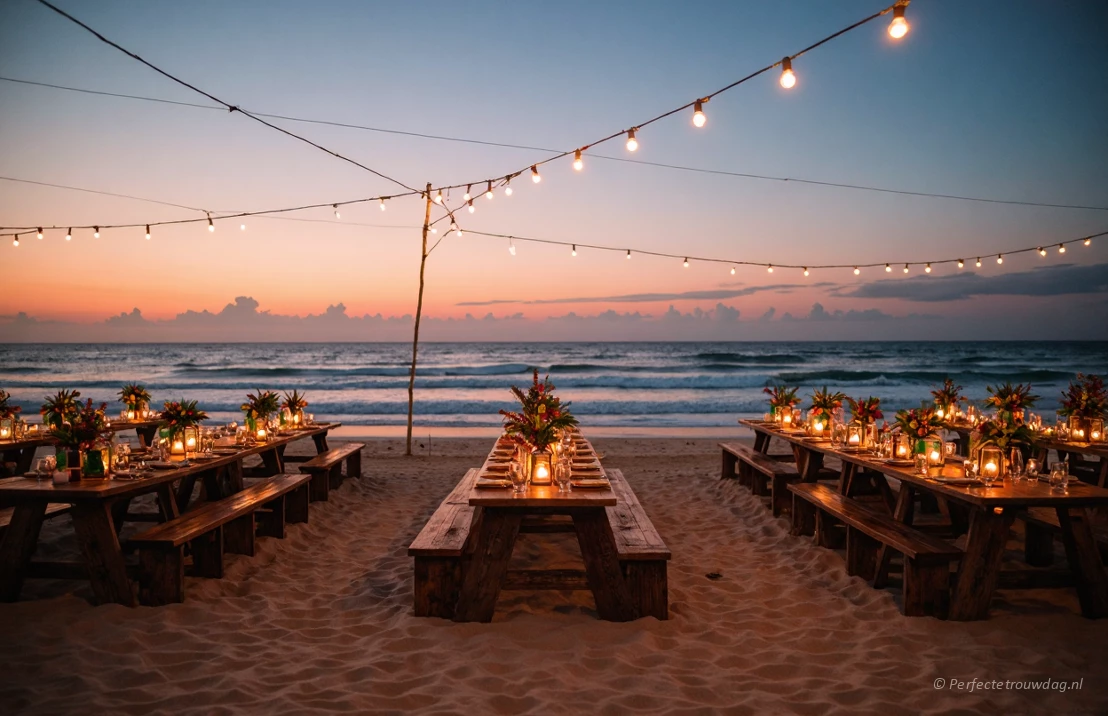 Een strandbruiloft met tafels op strand voor het diner