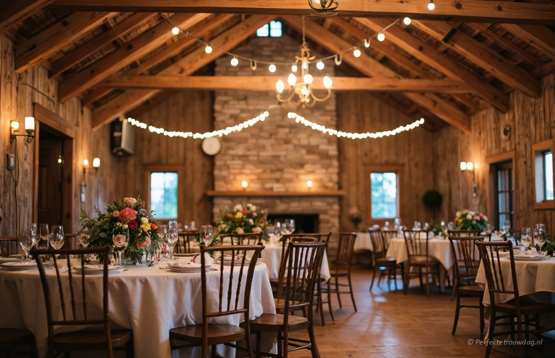 Een feestlocatie in een oude houten schuur die omgetoverd is tot prachtig aangeklede feestzaal.