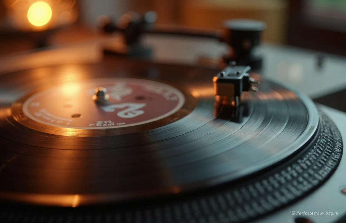 Een close-up van een draaiende vinylplaat, symboliserend de soundtrack van de liefde.