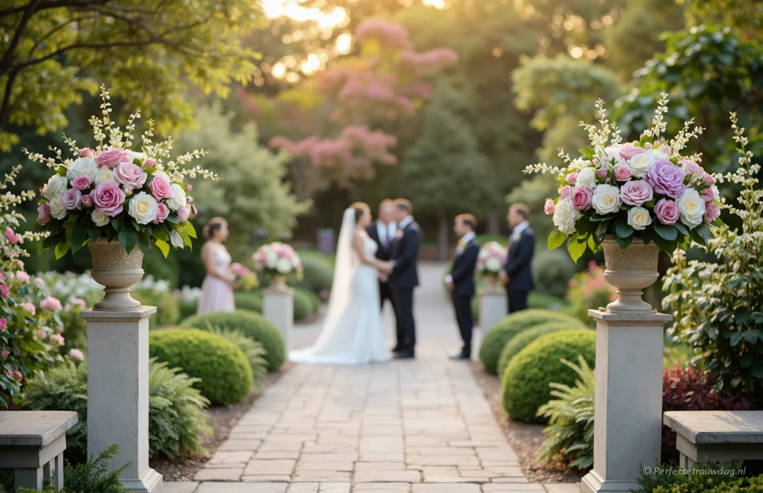 Een romantische trouwceremonie in een tuin, versierd met bloemstukken op pilaren en banken.