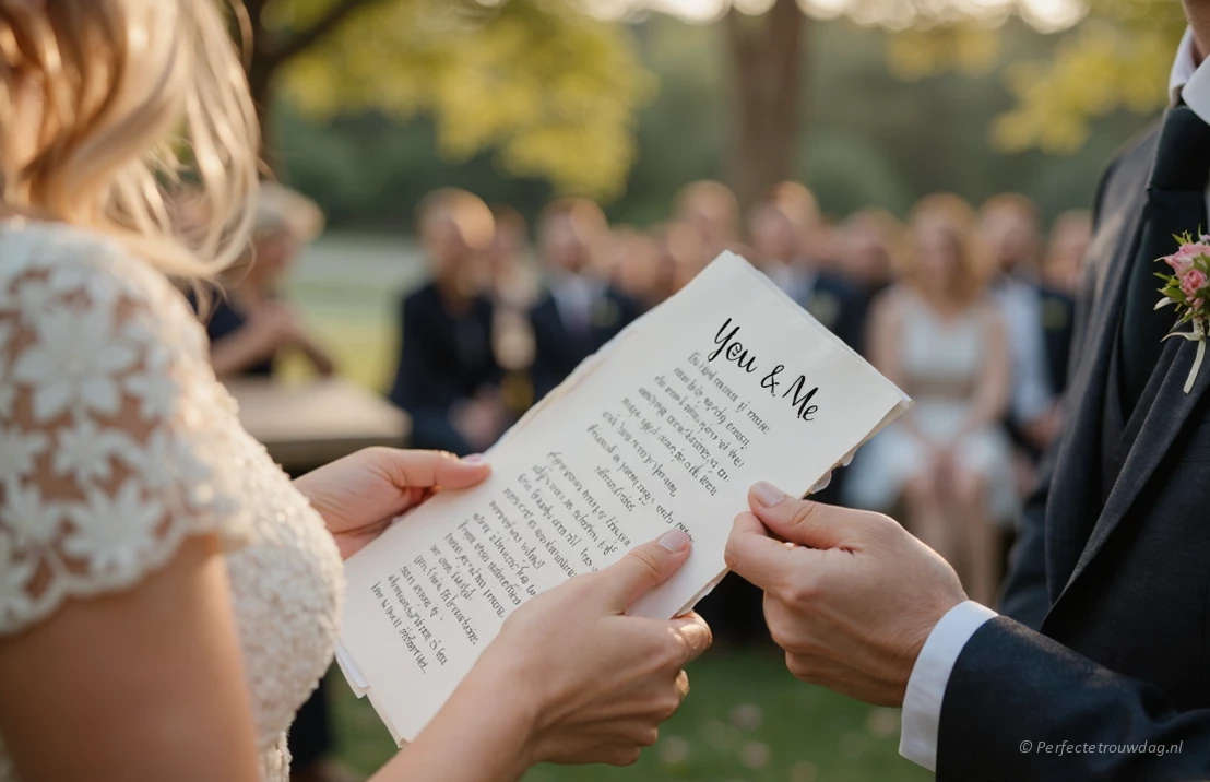Bruid leest een trouwbelofte voor vanaf een papier.