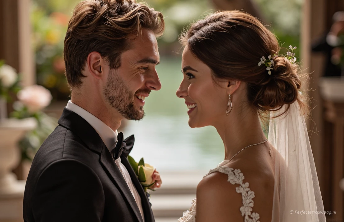Een koppel dat tijdens een huwelijksceremonie liefdevolle blikken uitwisselt, zachte belichting.