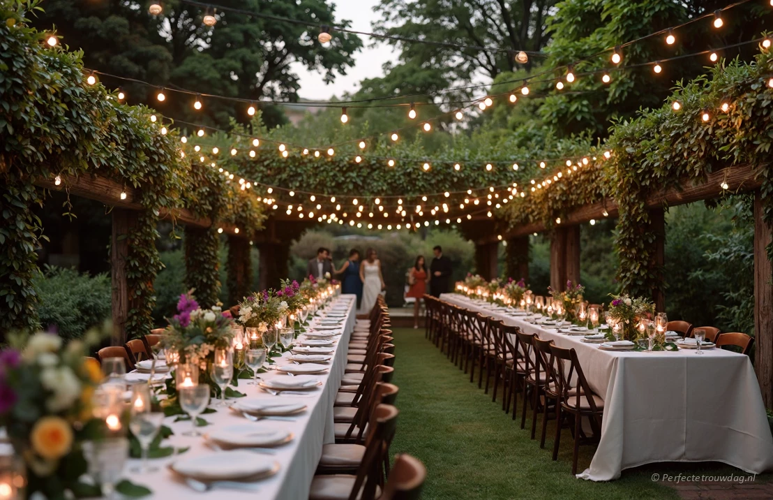 Een feestlocatie in een groene tuin met lange aangeklede tafels voor het diner.