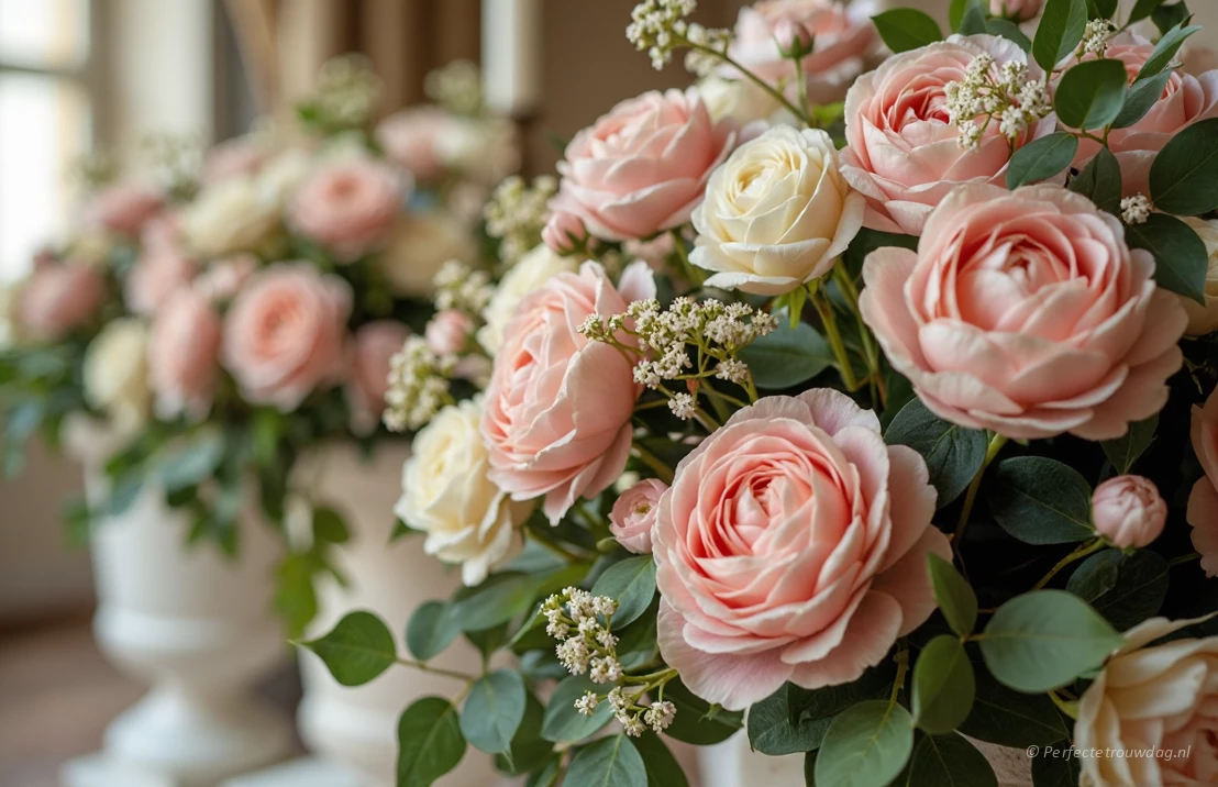 Een gedetailleerde close-up van een romantisch versierd altaar met bloemen.