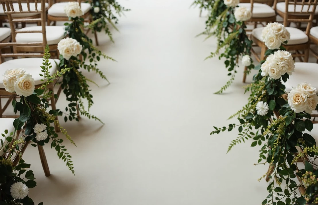 Een elegante trouwgang versierd met delicate bloemstukken in witte tinten.