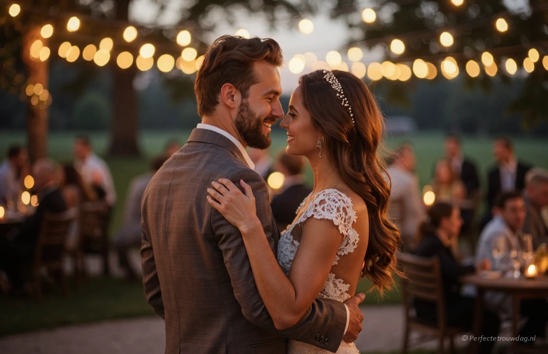 Een romantische setting van de openingsdans van het bruidspaar met op de achtergrond de gasten en lichtjes.