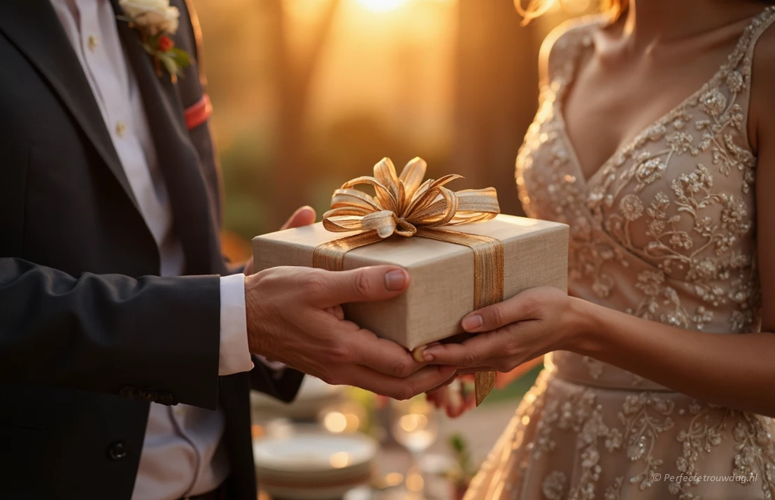 Een fotorealistische scène van handen die een mooi ingepakt cadeau overhandigen op een bruiloft. De focus ligt op de emotie en verbinding tussen de gever en het bruidspaar.