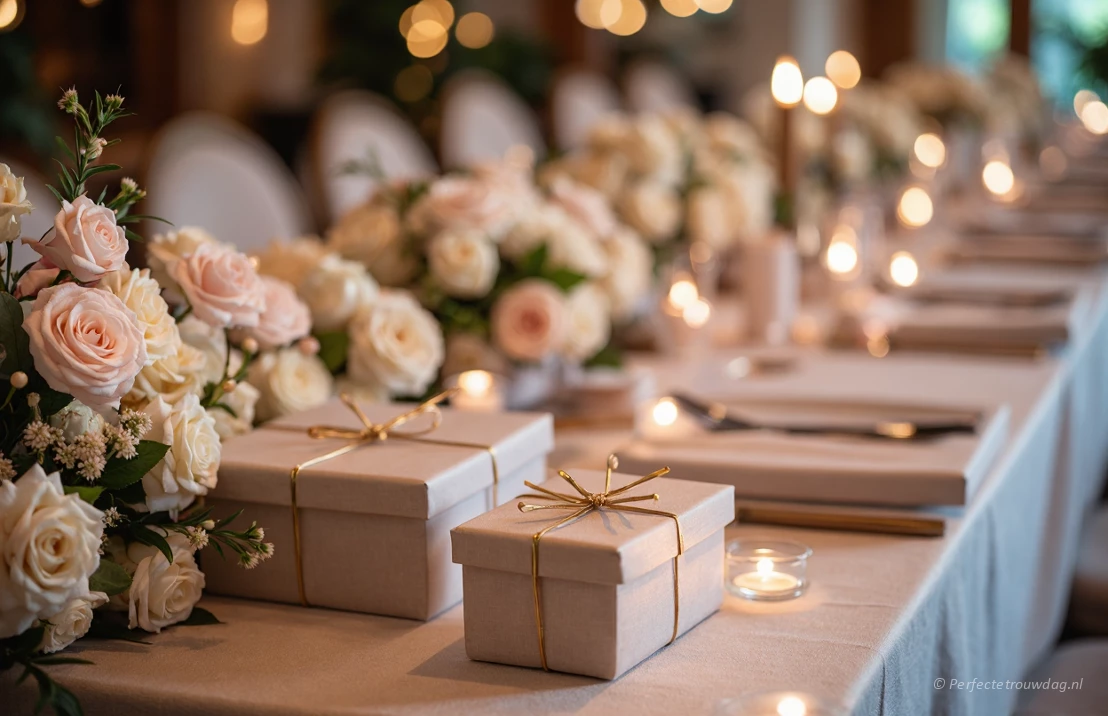Een feestelijk gedekte cadeautafel vol met zorgvuldig ingepakte cadeaus, zachte focus, warme verlichting, elegante sfeer.