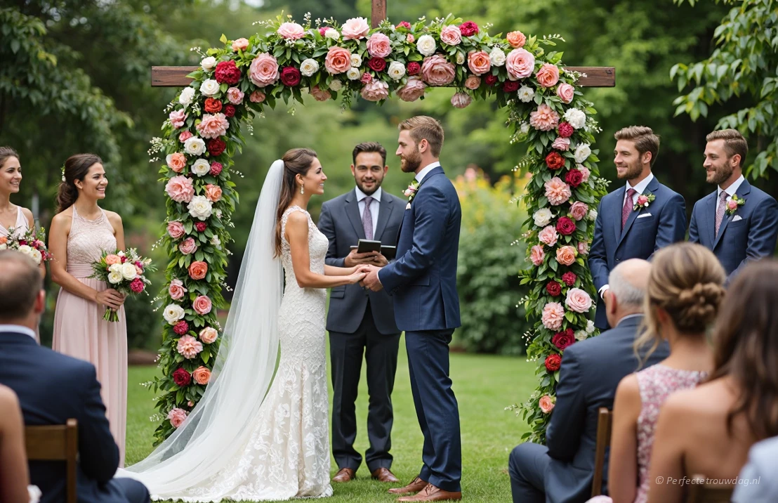 Een moderne huwelijksceremonie in een bloeiende tuin, met een vrolijke sfeer en elegante kleding.