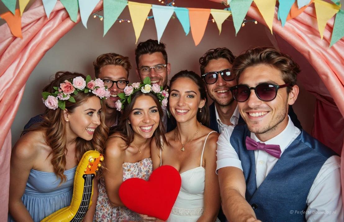 Bruiloftsgasten maken een samen een grappige foto in photobooth met grappige voorwerpen zoals een kussentje in hartvorm en opblaasgitaar.