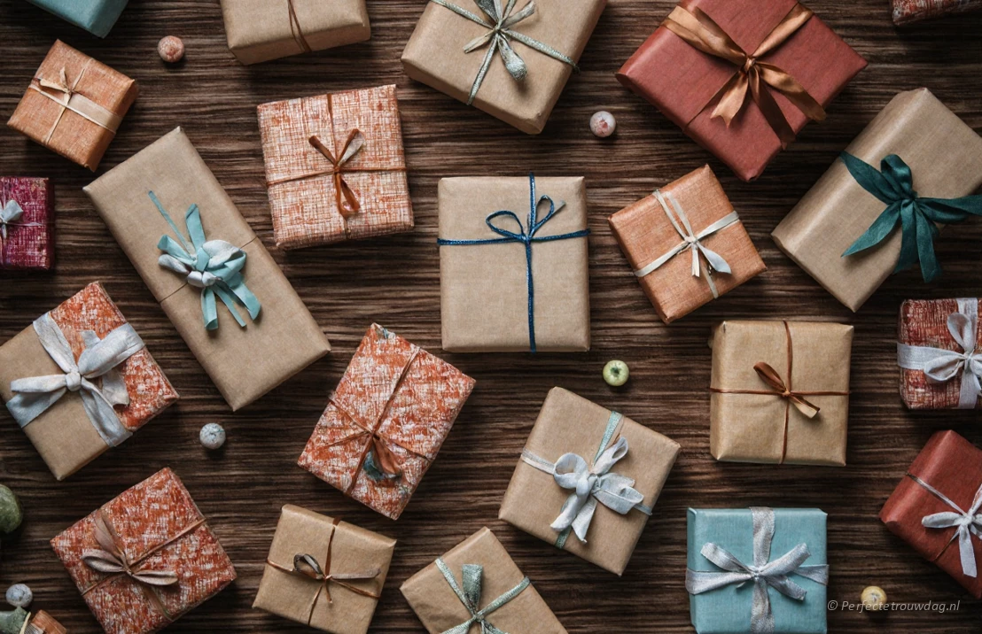 Een tafel met cadeaus van bovenaf