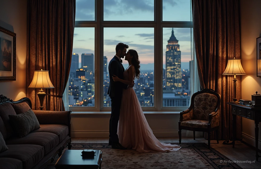 Een vintage-stijl hotelsuite met sierlijke meubels, een groot raam met uitzicht op de skyline van de stad bij schemering, en een koppel dat elkaar omarmt.