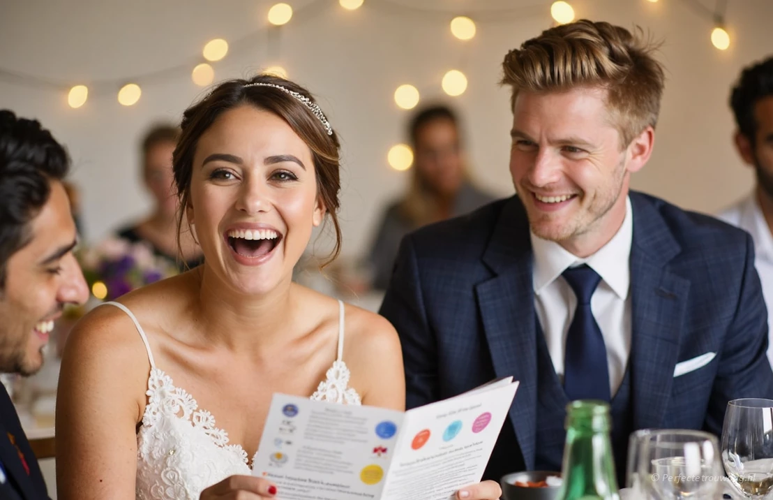Bruidspaar leest in de gemaakte feestgids en moet hard lachen om de quotes die erin staan