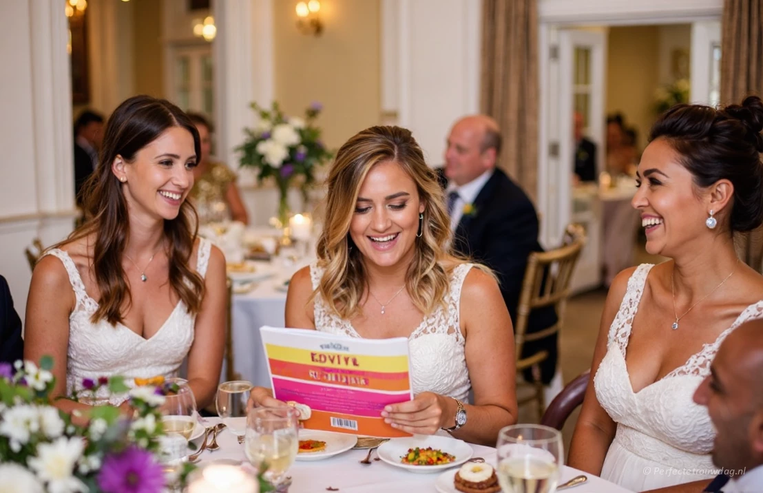 Bruiloftsgasten kijken in de feestgids die op tafel ligt en lachen om de humor en grapjes die erin staan over het bruidspaar