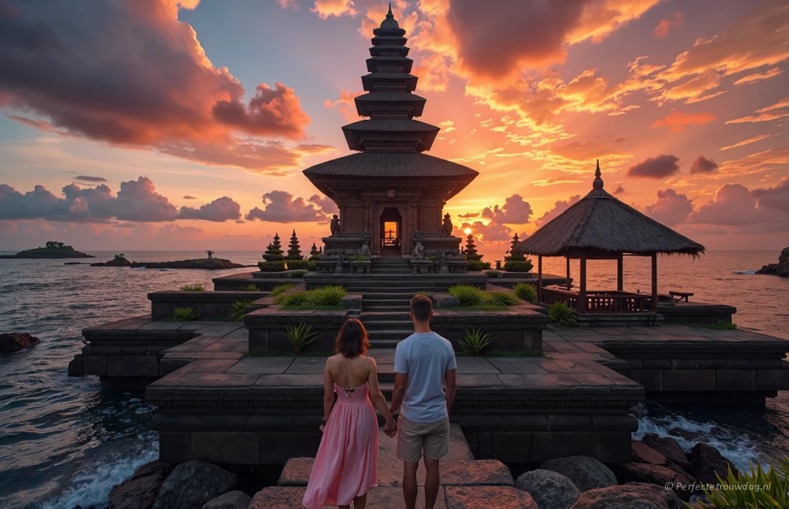 Een levendige Balinese tempel (Tanah Lot) bij schemering, met een koppel dat hand in hand de omgeving bewondert.