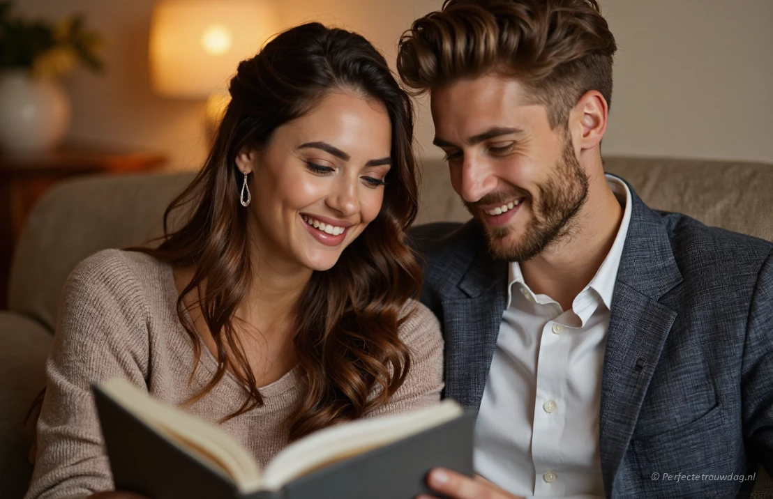 Een intieme scène van een koppeltje dat samen een trouwboek doorkijkt, lachend en genietend van het plannen van hun bruiloft.