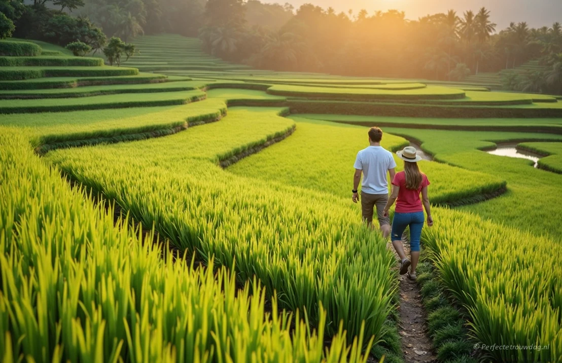 Een koppel dat een weelderig groene rijstveld in Bali verkent, met traditionele Balinese landbouwtechnieken zichtbaar.