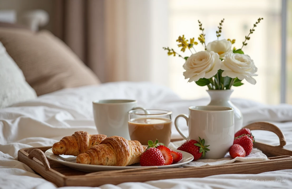 Ontbijt op bed als romantische start van de nieuwe dag als man en vrouw na de huwelijksnacht