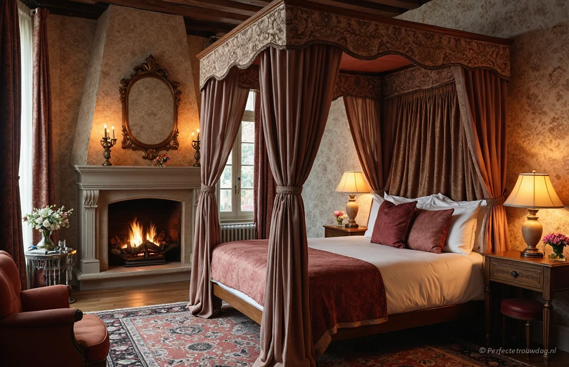 Een romantische kasteelkamer die je zou kunnen boeken als optie voor de huwelijksnacht. 